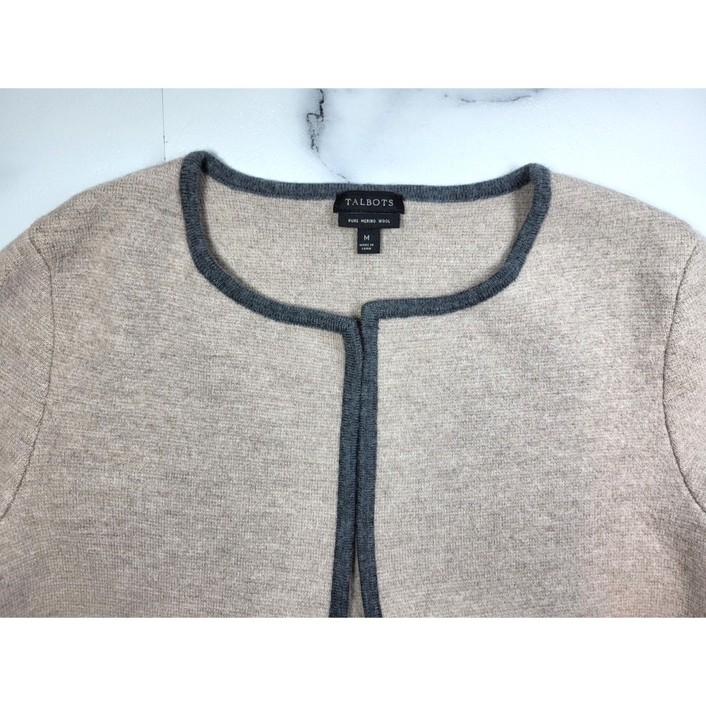 Talbots Heavy Wool Cream/Gray Color Blocked Open Cardigan Duster Size Medium - Picture 4 of 7